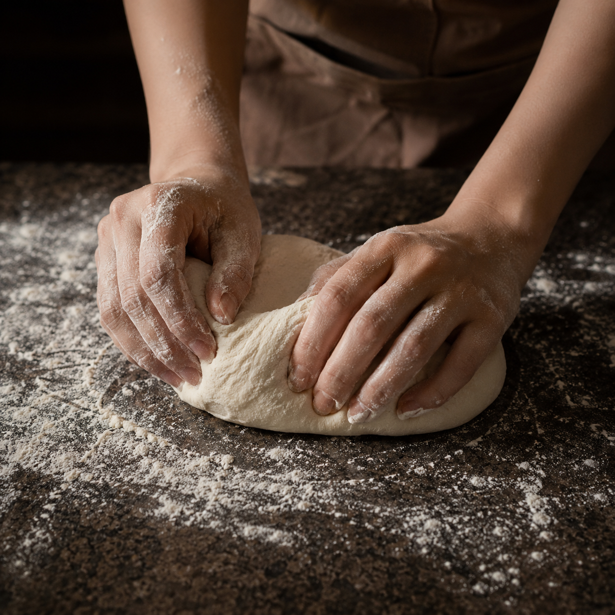 Hands kneading dough on a flour-covered table